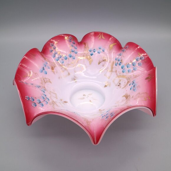 Antique Victorian Brides Basket Bowl Cranberry Pink White Cased Glass w/ Ruffles - Picture 2 of 8
